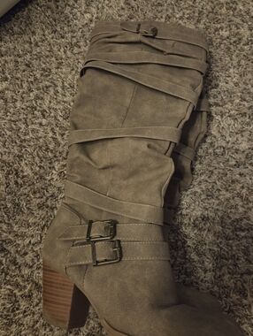 Women's Taupe Suede Block Heel Knee Boot with Wrap Straps